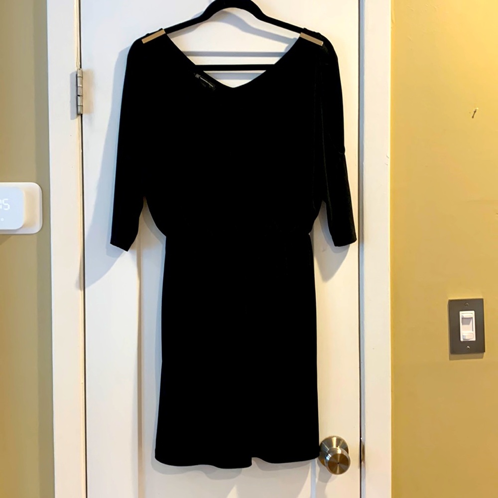 INC. Black cold shoulder dress with gold accessories. Gorgeous, comfy NWOT.